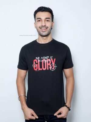 The Mind Is Your Fuel To Glory" T-shirt by Shooter Paaji, featuring inspirational text printed on 100% cotton fabric.