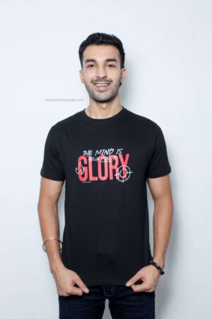 The Mind Is Your Fuel To Glory" T-shirt by Shooter Paaji, featuring inspirational text printed on 100% cotton fabric.