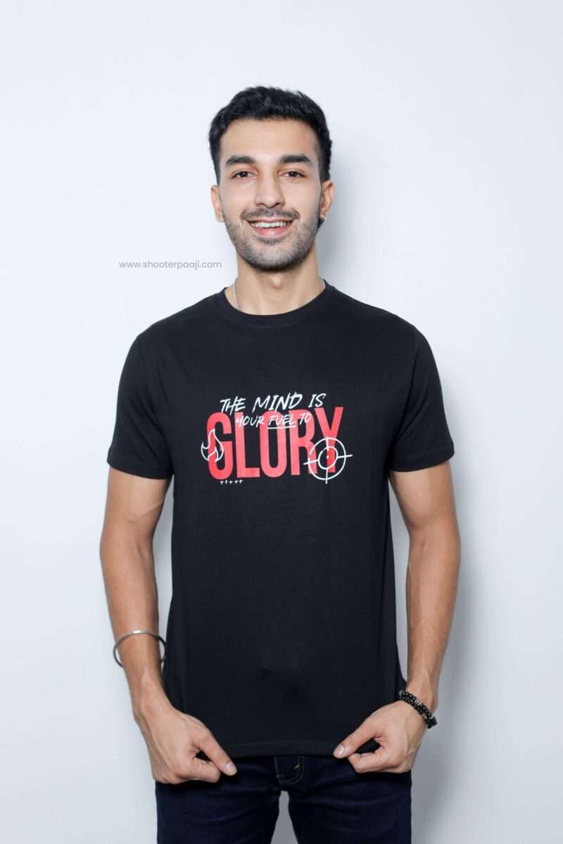 Mind is your fuel to glory T-shirt The Mind Is Your Fuel To Glory" T-shirt by Shooter Paaji, featuring inspirational text printed on 100% cotton fabric.