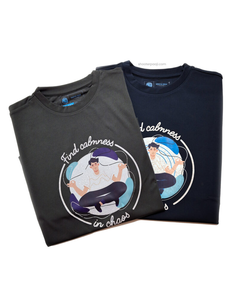 ind Calmness in Chaos T-shirt in Dry Fit by Shooter Paaji. Featuring a motivational phrase with a meditating figure, designed for shooters who value focus and calmness. Made from breathable dry-fit material for ultimate comfort during practice and competitions.