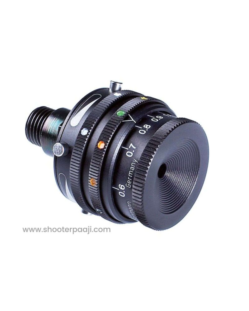 565 Gehmann iris, 6-colour filter with twin polariser 565 Gehmann iris aperture with 6-color filters and twin polarizers for 50m 3P rifle shooting, offering precise light control and improved sight picture.