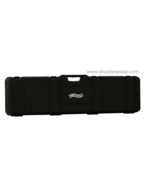 Black lockable Walther rifle case designed for secure transportation and storage of Walther and match rifles, featuring durable construction and a sleek design suitable for 10m air rifle and 50m 3P shooting events.