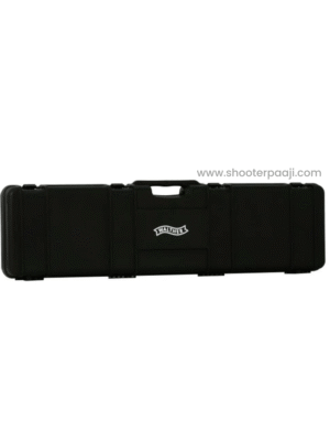 Black lockable Walther rifle case designed for secure transportation and storage of Walther and match rifles, featuring durable construction and a sleek design suitable for 10m air rifle and 50m 3P shooting events.