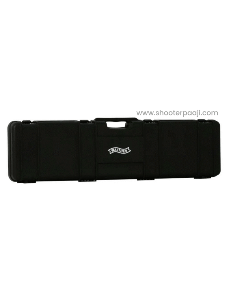 Walther rifle case Black lockable Walther rifle case designed for secure transportation and storage of Walther and match rifles, featuring durable construction and a sleek design suitable for 10m air rifle and 50m 3P shooting events.